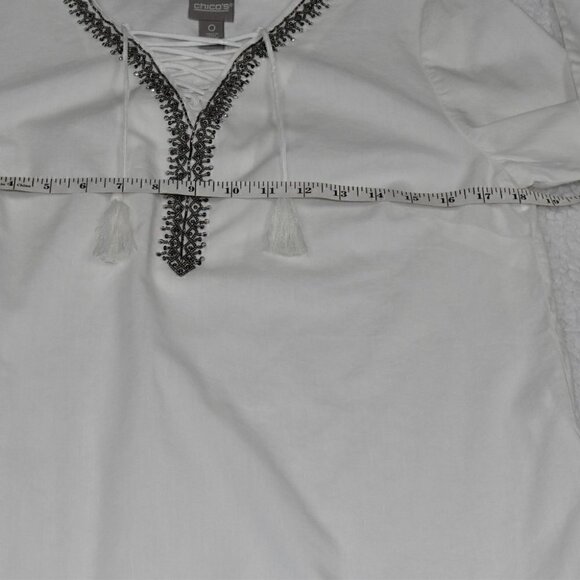 Chico's Embellished Neck Pullover Tunic Lace Up Top With Tassels Size S/4 - Picture 5 of 9